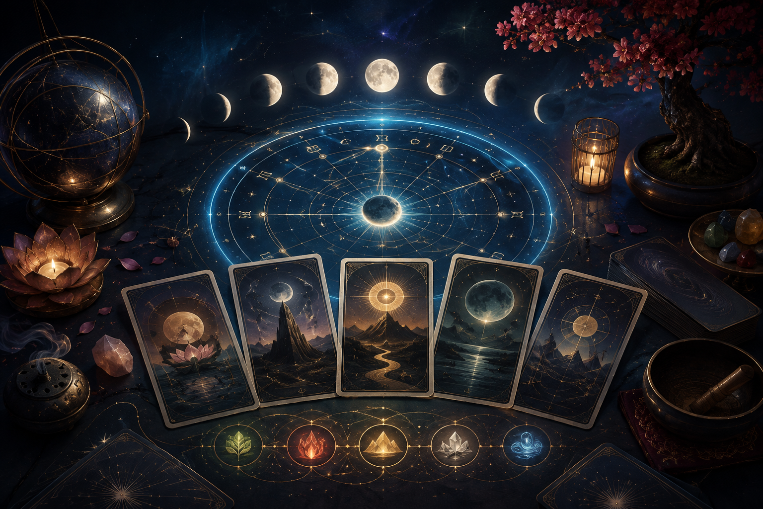 Tarot cards and a glowing star chart